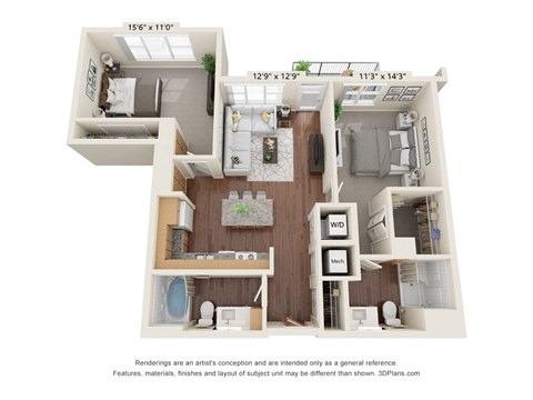 Floor plan for 2 beds, 2 baths, 1068 sqft